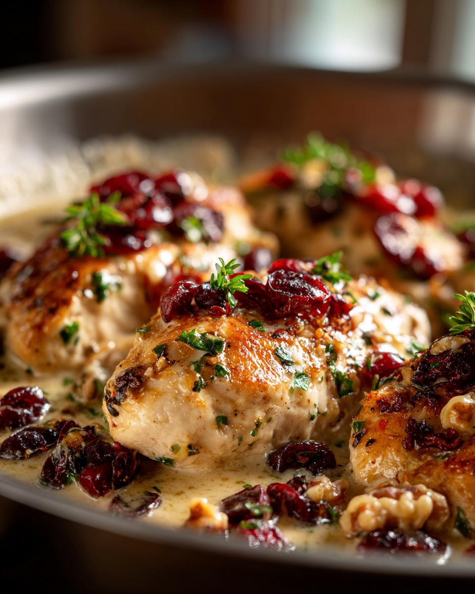Festlich zubereitete Hähnchenbrust weihnachtlich in einer cremigen Sauce mit Cranberries und Walnüssen.