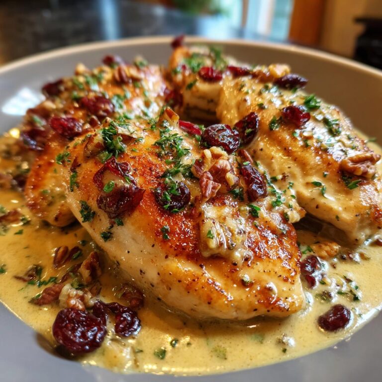 Festlich zubereitete Hähnchenbrust weihnachtlich in einer cremigen Sauce mit Cranberries und Walnüssen.