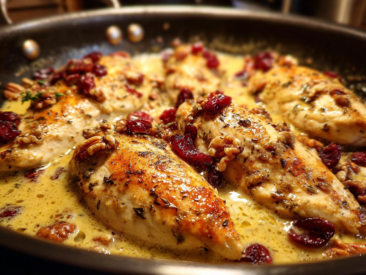 Nahaufnahme von Hähnchenbrust weihnachtlich in einer cremigen Soße mit Cranberries und Nüssen.