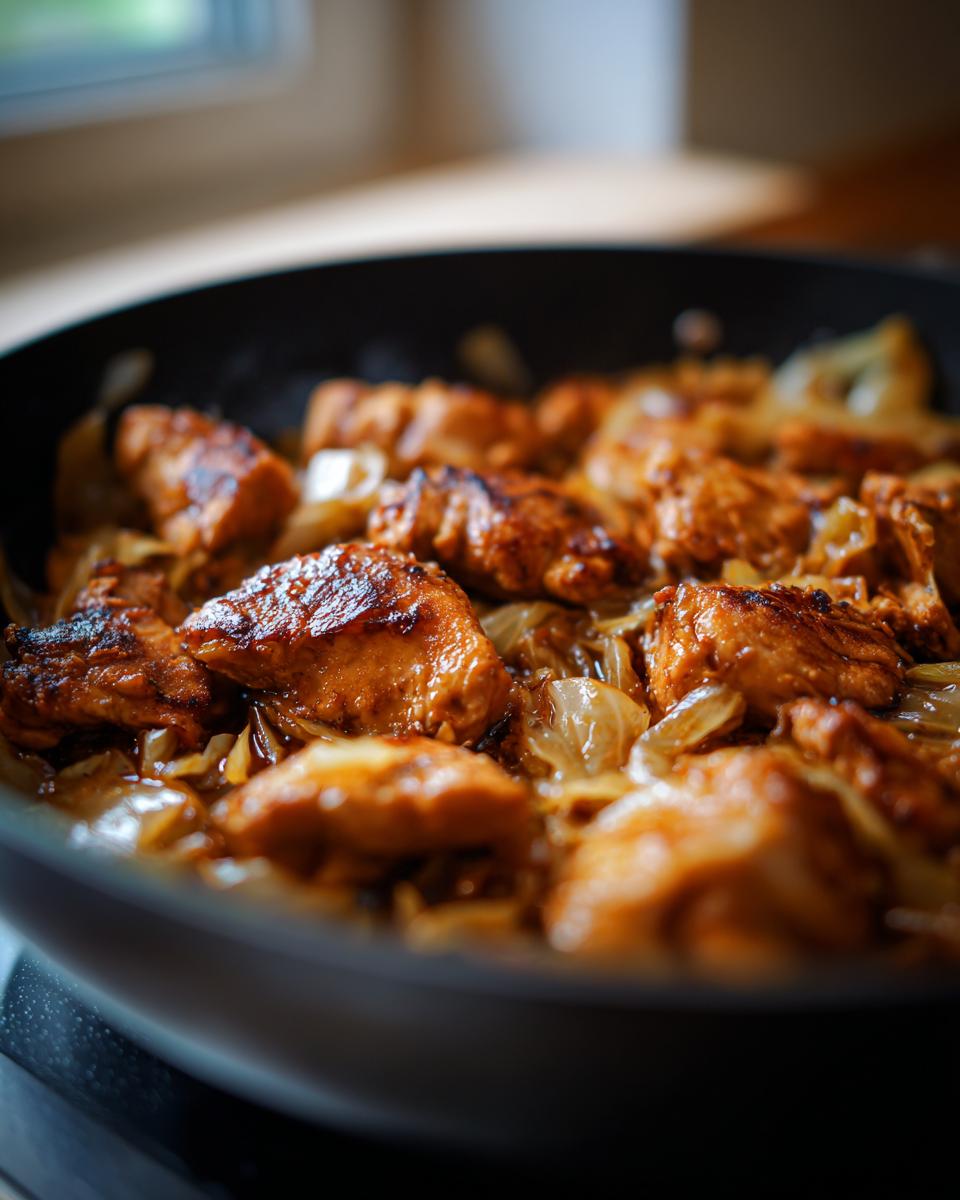 Nahaufnahme einer Hähnchen-Kohl-Pfanne mit gebratenen Hähnchenstücken und karamellisierten Zwiebeln.
