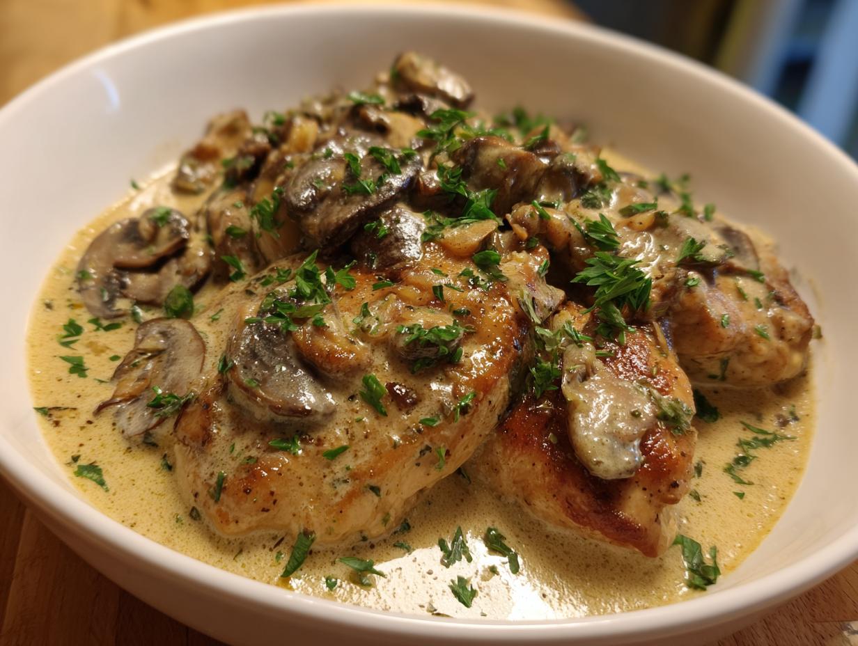 Ein Teller mit Hähnchen Stroganoff, bedeckt mit cremiger Sauce und Pilzen, garniert mit Petersilie.
