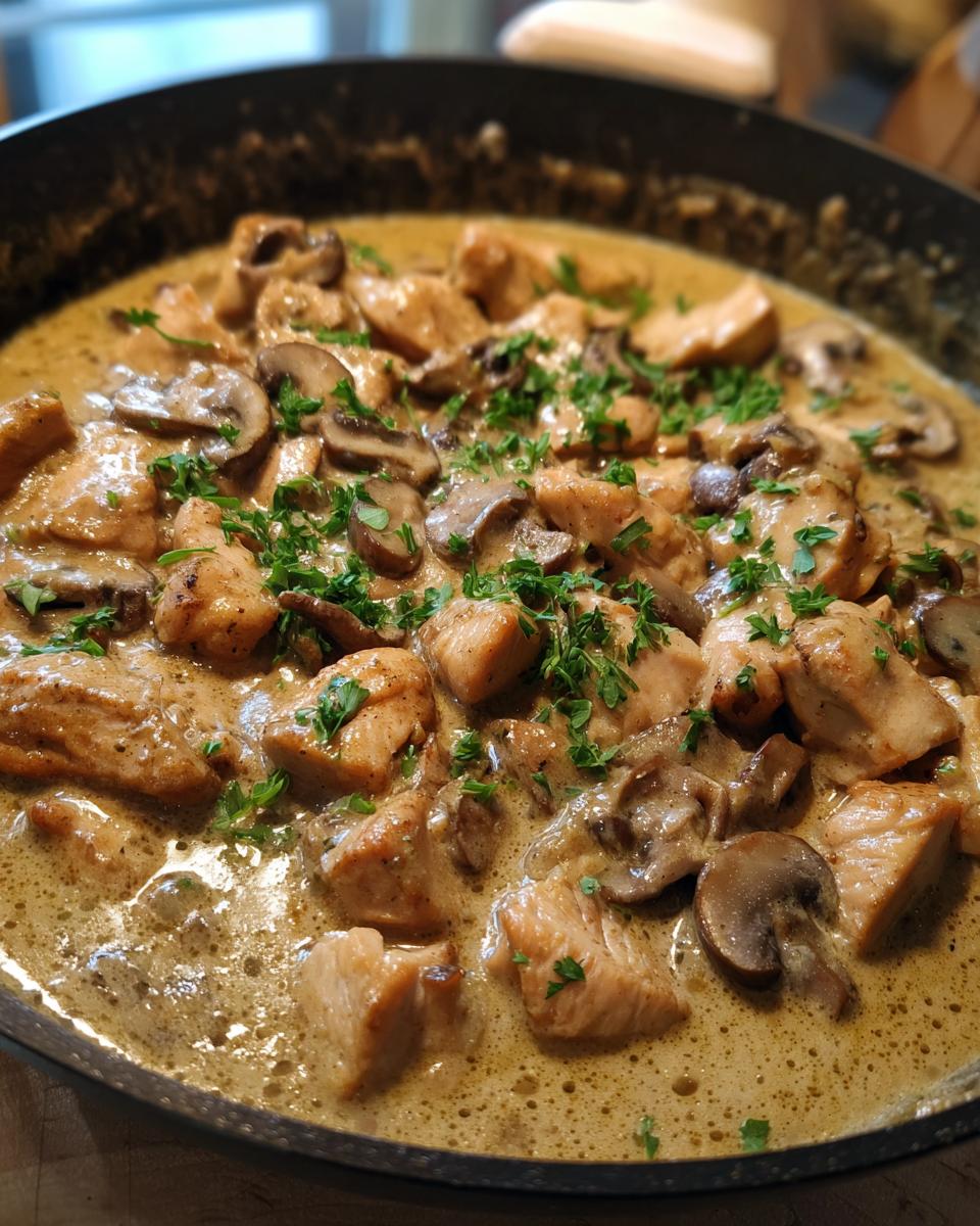 Close-up of Hähnchen Stroganoff with mushrooms and parsley in a pan.