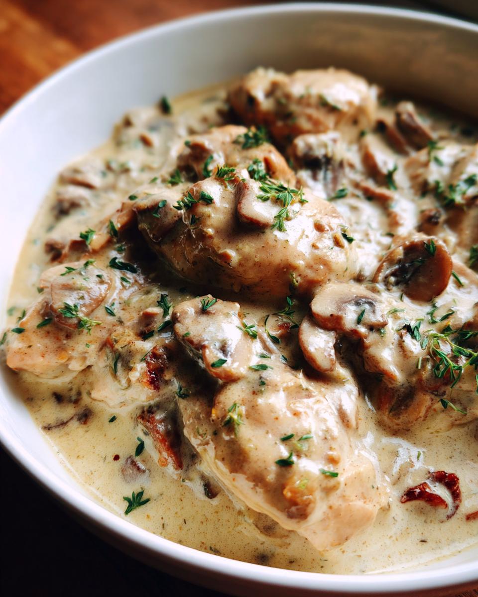 Ein cremiges Hähnchen Stroganoff mit Pilzen und Kräutern in einer weißen Schüssel.