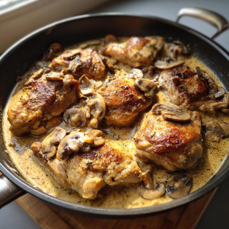 Hähnchen Stroganoff mit Suchtpotenzial Rezept in einer Pfanne mit Pilzen und cremiger Sauce.