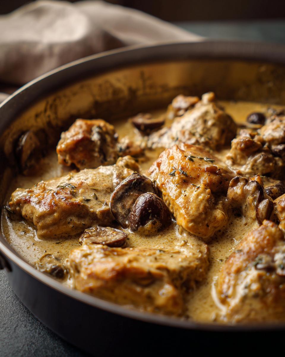 Hähnchen Stroganoff mit Suchtpotenzial Rezept in einer Pfanne, mit cremiger Sauce und Pilzen.
