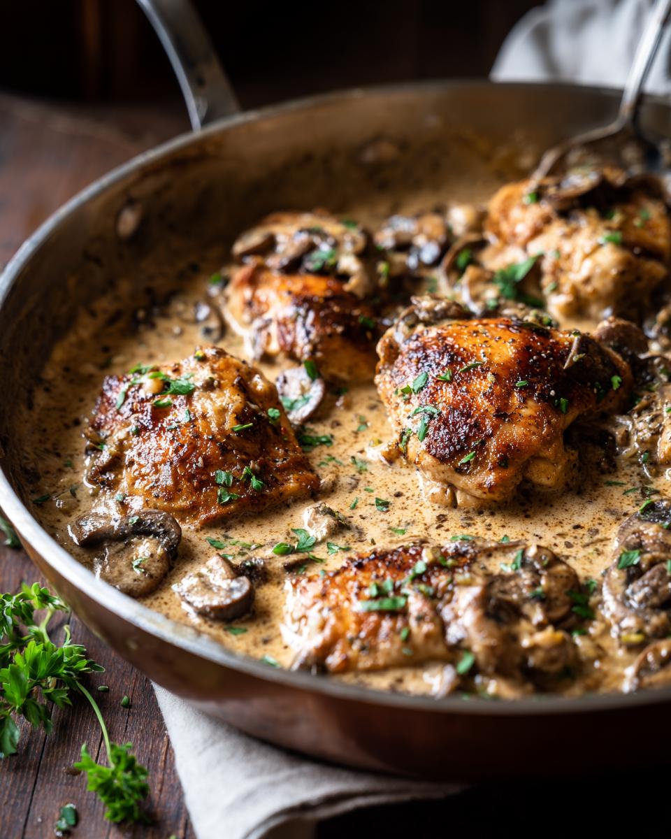 Hähnchen Stroganoff mit Suchtpotenzial Rezept in einer Pfanne mit Pilzen und cremiger Sauce, garniert mit Petersilie.