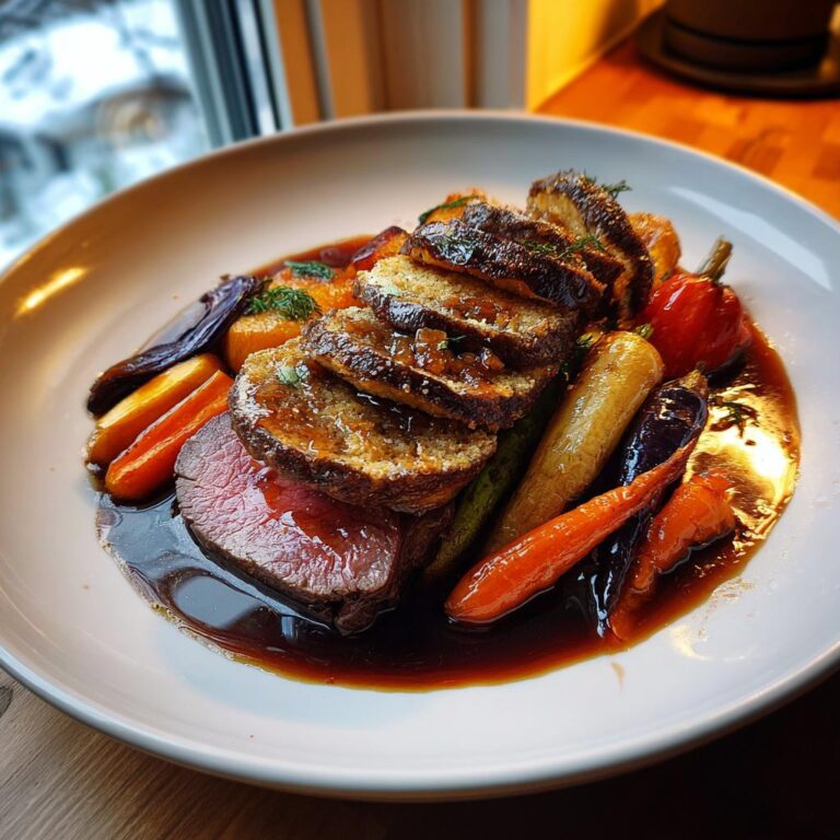 Heimisches Wild auf Gin Jus mit Baumkuchen und Wintergemüse, serviert auf einem weißen Teller mit karamellisierten Karotten und Auberginen.