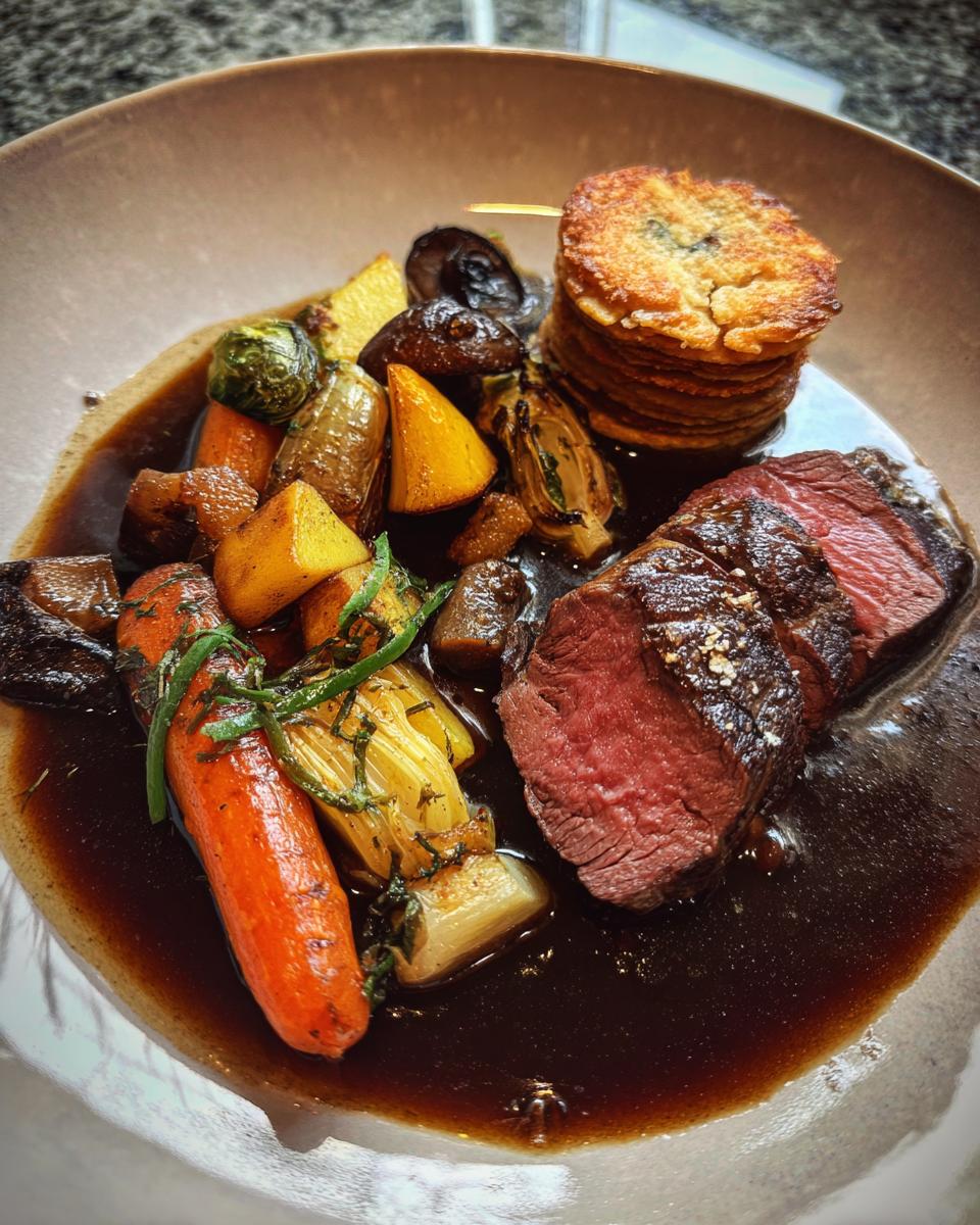 Edles Stück heimisches Wild auf Gin Jus, serviert mit Baumkuchen und Wintergemüse.