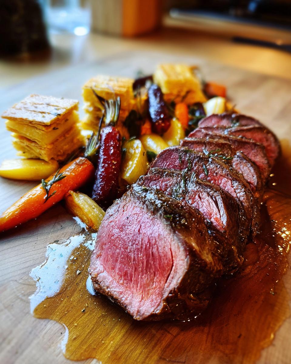 Anschnitt von zartem heimischem Wild auf Gin Jus, serviert mit Baumkuchen und bunter Wintergemüse-Mischung.