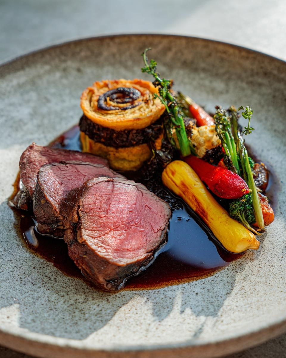 Heimisches Wild auf Gin Jus, serviert mit Baumkuchen und bunter Wintergemüse-Beilage.