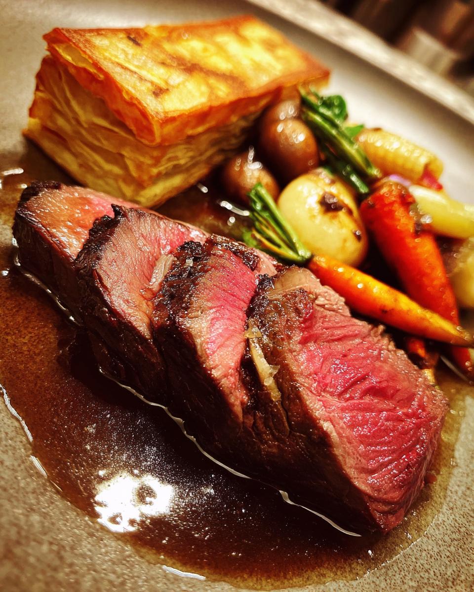 Scheiben von zartem heimischem Wild auf Gin Jus, serviert mit knusprigem Baumkuchen und buntem Wintergemüse.