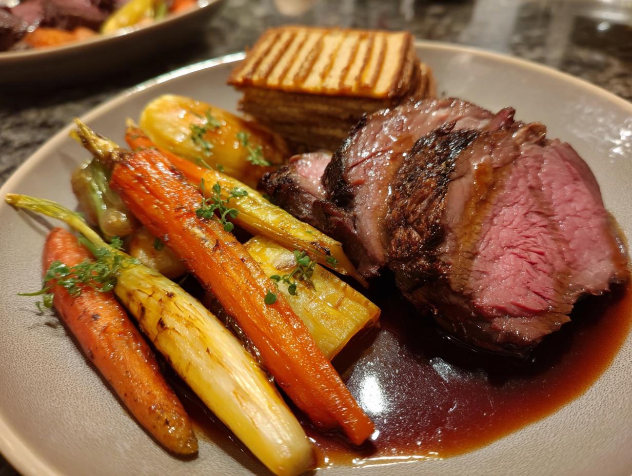 Ein Teller mit saftigem, rosa gebratenem heimischem Wild, serviert mit karamellisierten Wintergemüsen und einem Stück Baumkuchen.