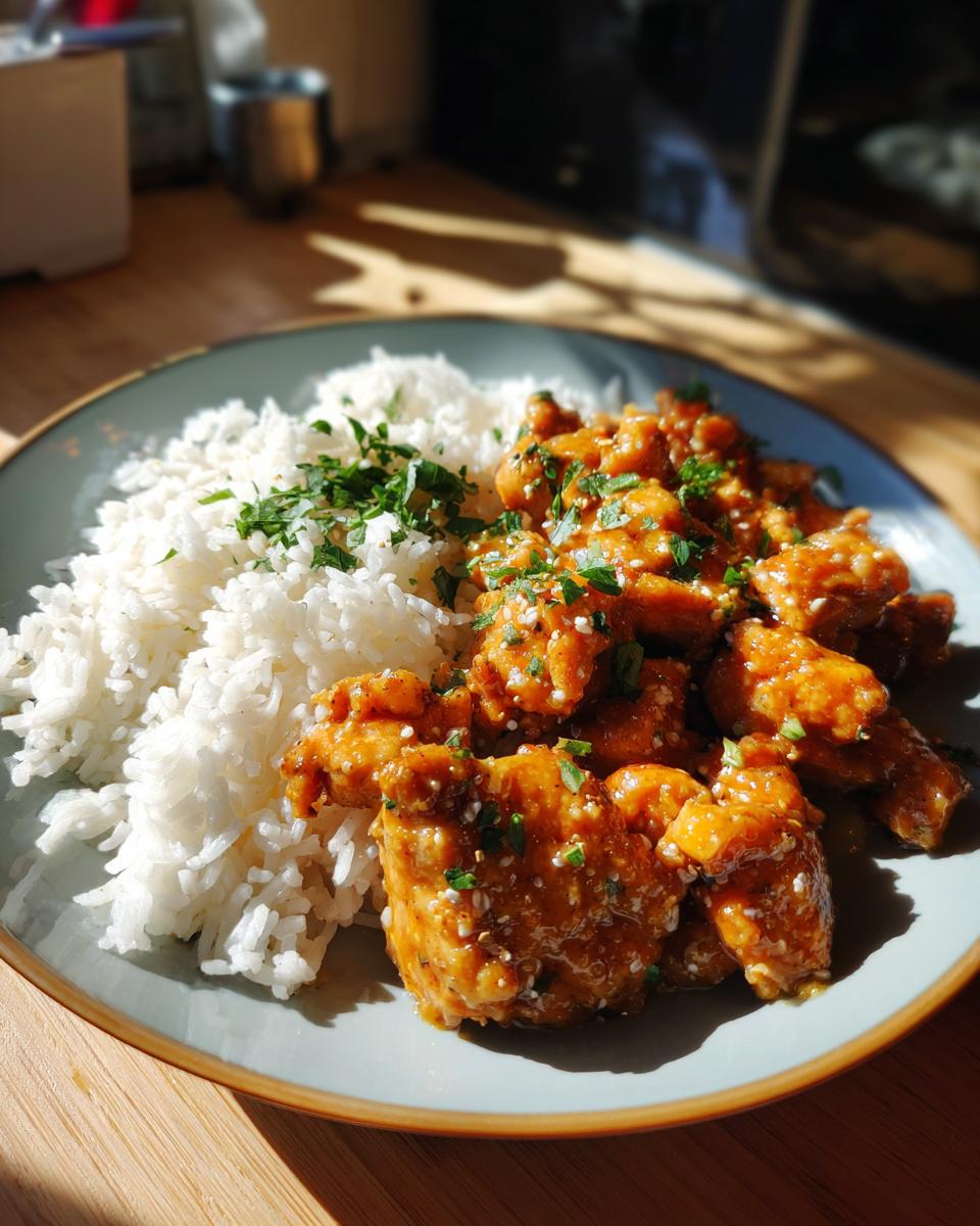 Portion Honig Senf Hähnchen mit Reis, garniert mit Petersilie und Sesam.