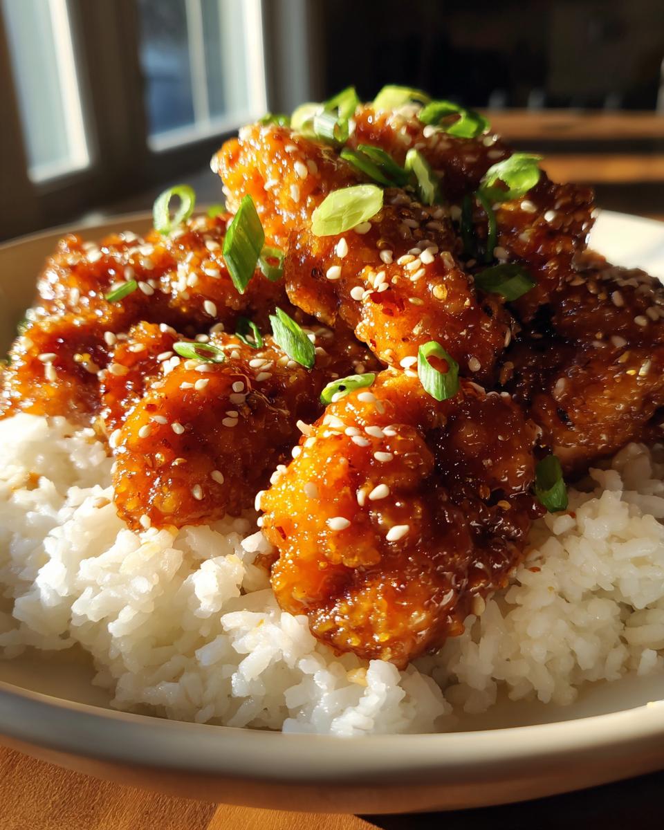 Nahaufnahme von Honig Senf Hähnchen mit Reis, garniert mit Sesam und Frühlingszwiebeln.