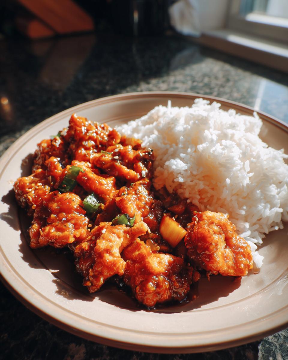 Honig Senf Hähnchen mit Reis auf einem Teller, serviert mit einer Portion weißem Reis.