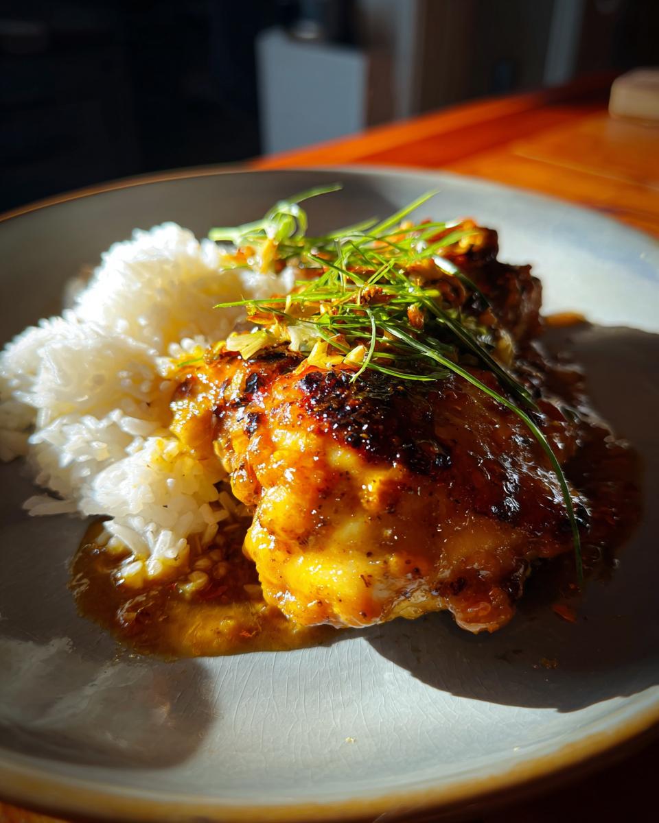 Ein Teller Honig Senf Hähnchen mit Reis, garniert mit grünen Kräutern und gerösteten Knoblauchstückchen.