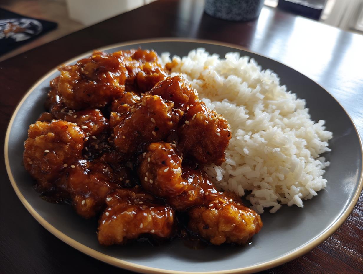 Gebackenes Honig Senf Hähnchen mit Reis auf einem Teller.