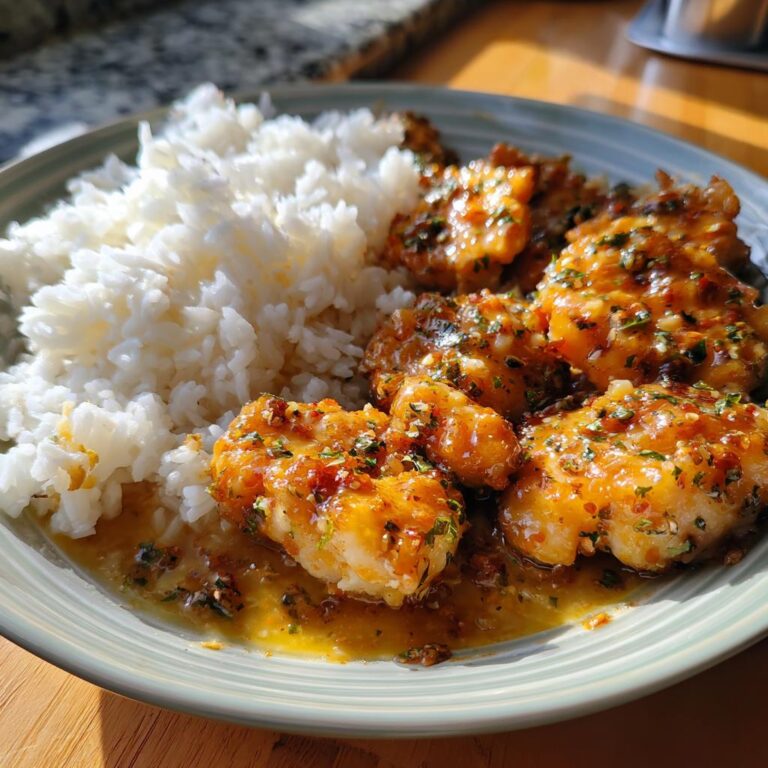 Honig Senf Hähnchen mit Reis auf einem Teller, mit saftigen Hähnchenstücken in Honig-Senf-Sauce.