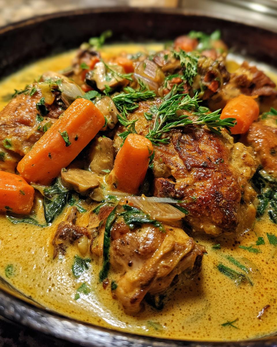 Nahaufnahme von Hühnerfrikassee mit Hühnerstücken, Karotten, Pilzen und Kräutern in cremiger Sauce.