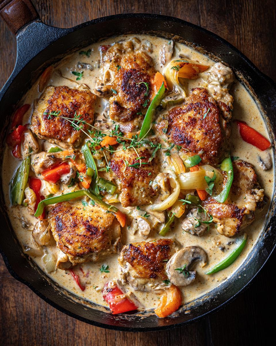Klassisches Hühnerfrikassee Rezept mit Hähnchenschenkeln, Gemüse und cremiger Sauce in einer Gusseisenpfanne.