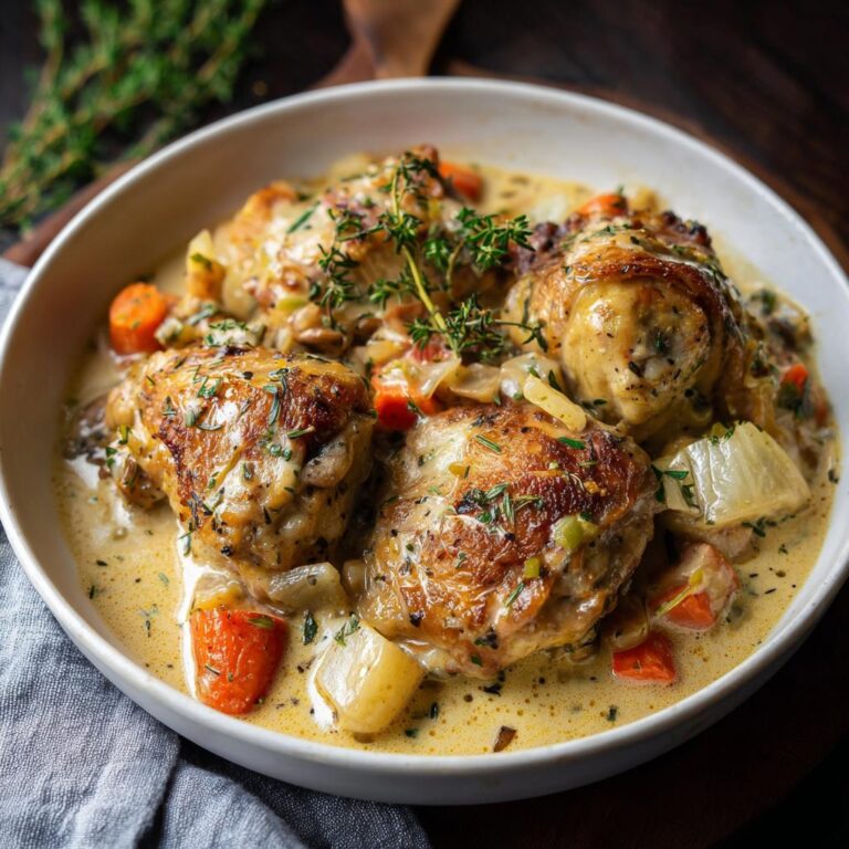 Ein Teller mit klassischem Hühnerfrikassee Rezept, serviert mit saftigen Hühnerteilen, Karotten und einer cremigen Sauce.