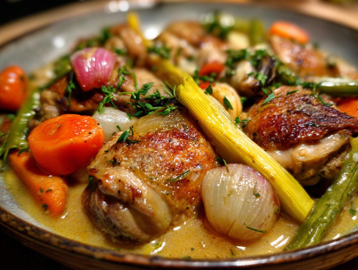 Nahaufnahme eines Hühnerfrikassee mit Hähnchenschenkeln, Karotten, Zwiebeln und Lauch in cremiger Sauce.