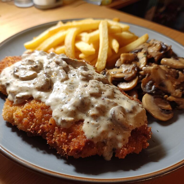 Jägerschnitzel mit Jägersoße, serviert mit Pommes und Champignons auf einem Teller.