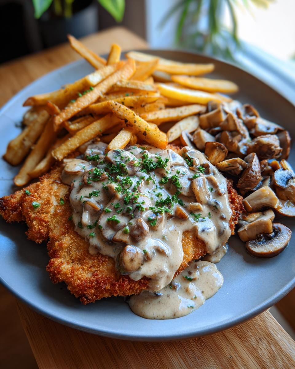 Jägerschnitzel mit Jägersoße, Pommes und Champignons auf einem Teller.