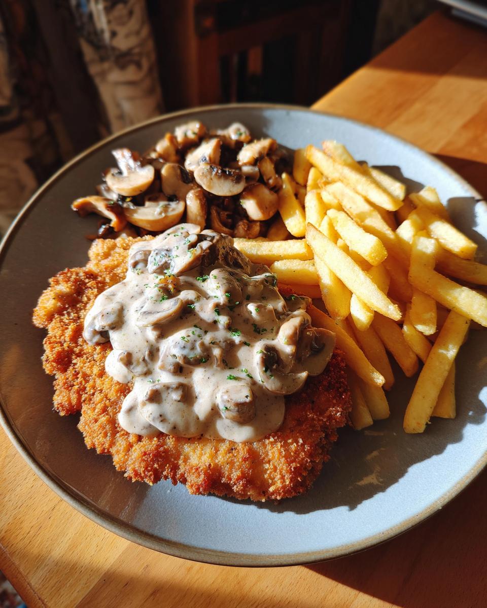 Jägerschnitzel mit Jägersoße, Pommes frites und gebratenen Champignons auf einem Teller.