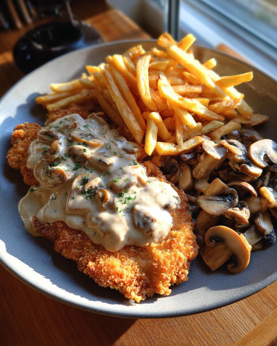 Jägerschnitzel mit Jägersoße, Pommes und Champignons auf einem Teller.