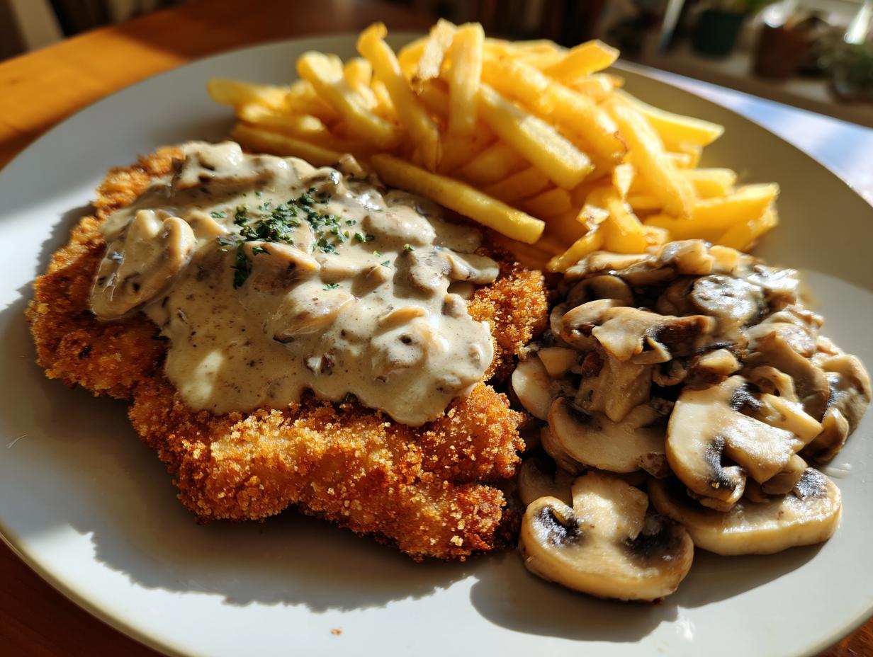 Jägerschnitzel mit Jägersoße, Pommes Frites und Champignons auf einem Teller.
