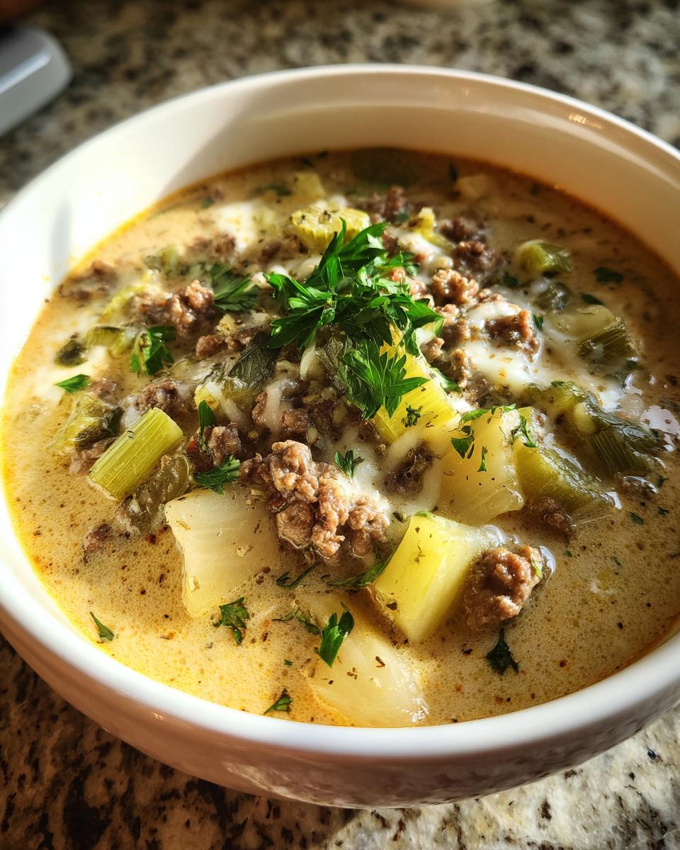 Eine Schüssel herzhafter Käse-Lauch-Suppe mit Hackfleisch, garniert mit frischer Petersilie.