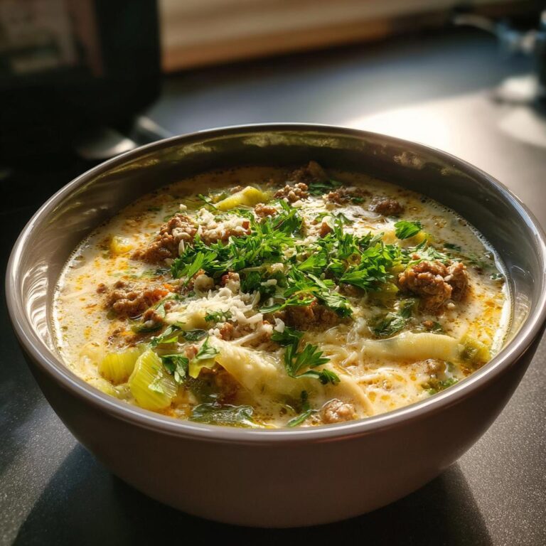 Eine Schüssel mit herzhafter Käse-Lauch-Suppe mit Hackfleisch, garniert mit frischer Petersilie und geriebenem Käse.
