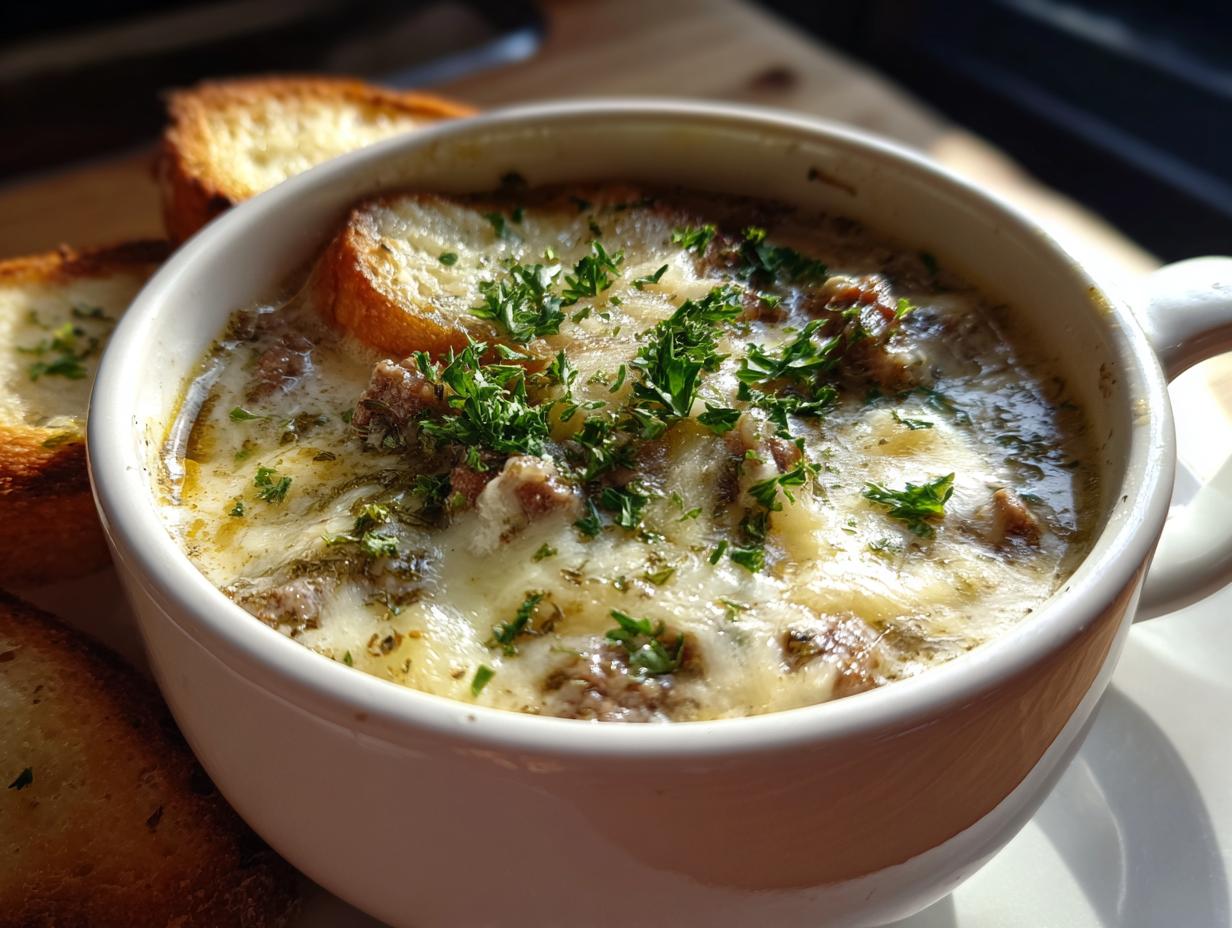Eine Schüssel Käse-Lauch-Suppe mit Hackfleisch, überbacken mit Käse und garniert mit Petersilie, serviert mit geröstetem Brot.