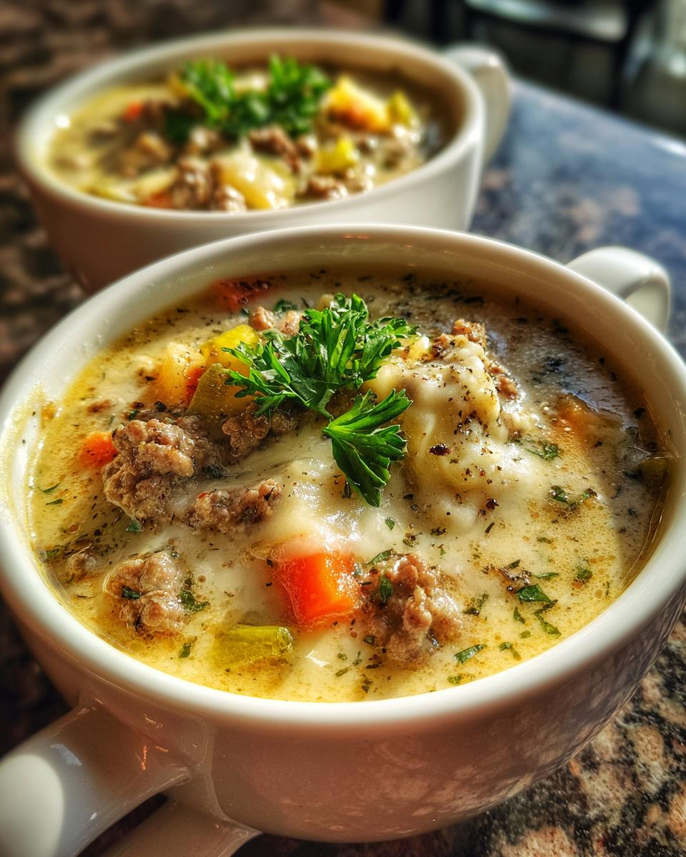 Eine Schüssel herzhafter Käse-Lauch-Suppe mit Hackfleisch, garniert mit Petersilie.