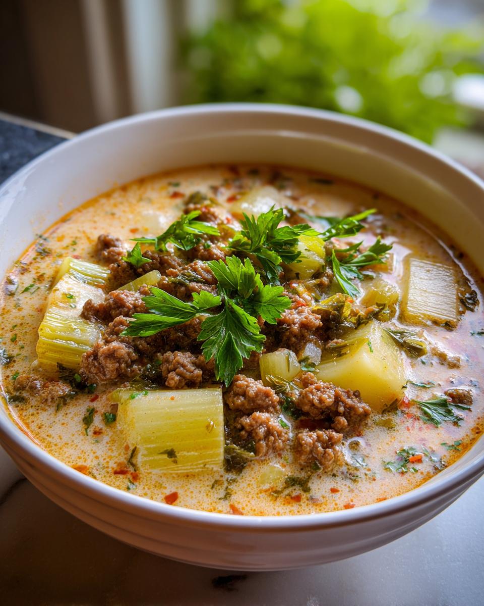 Eine Schüssel herzhafter Käse-Lauch-Suppe mit Hackfleisch, Kartoffeln und frischer Petersilie garniert.