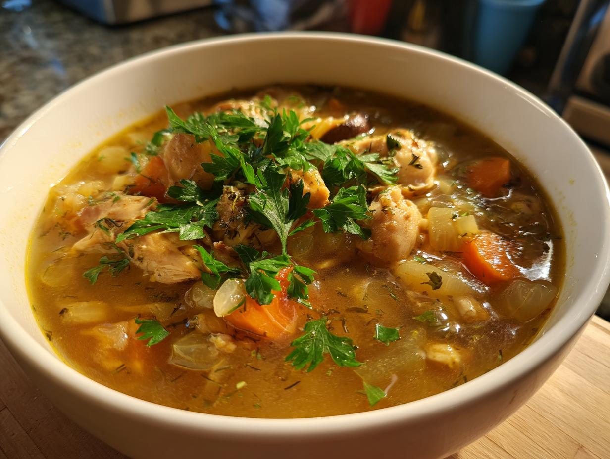 Eine Schüssel mit klassischer Hühnersuppe, garniert mit frischer Petersilie und Dill, voller Hühnchenstücke und Gemüse.