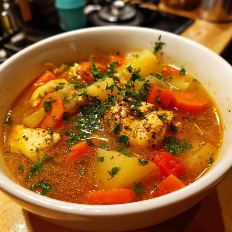 Eine Schüssel mit Klassischer Hühnersuppe, gefüllt mit Hühnerfleisch, Kartoffeln, Karotten und frischer Petersilie.