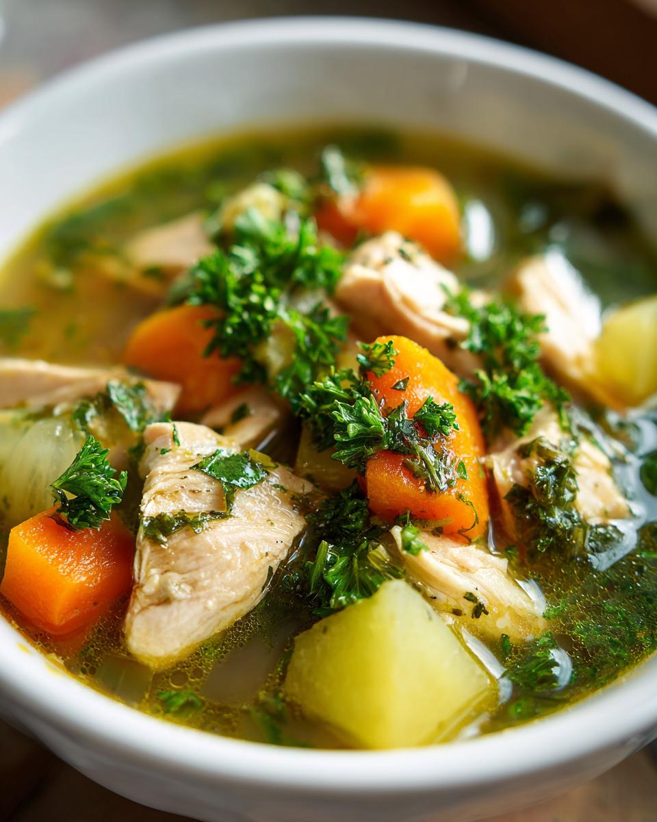 Eine Schüssel mit Klassischer Hühnersuppe, gefüllt mit Hühnchenstücken, Karotten und Kartoffeln, garniert mit Petersilie.