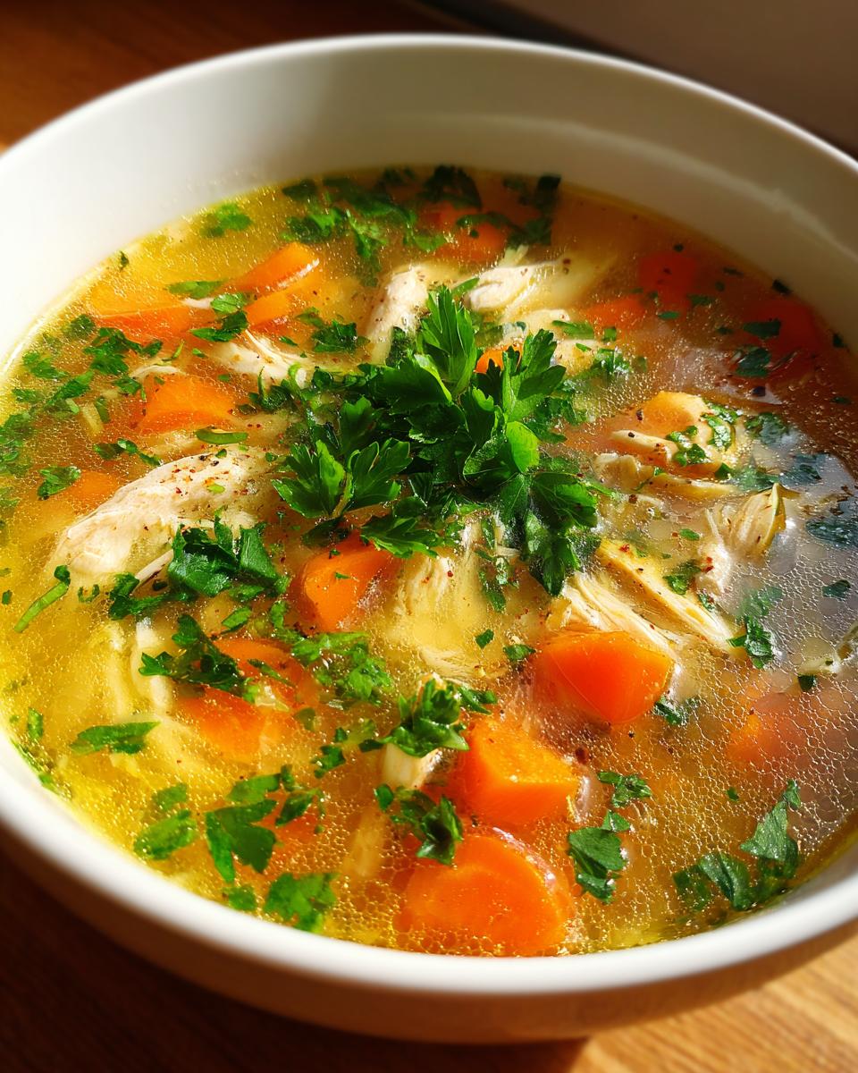 Eine Schüssel mit Klassischer Hühnersuppe, gefüllt mit zarten Hühnerfleischstücken, Karotten und frischer Petersilie.