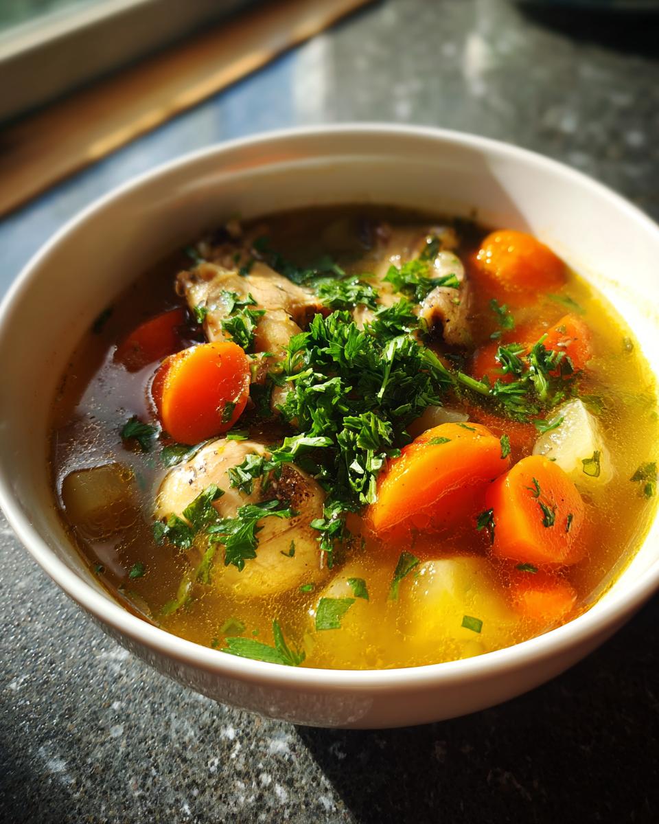 Eine Schüssel Klassische Hühnersuppe mit zarten Hühnerstücken, Karotten und frischer Petersilie.