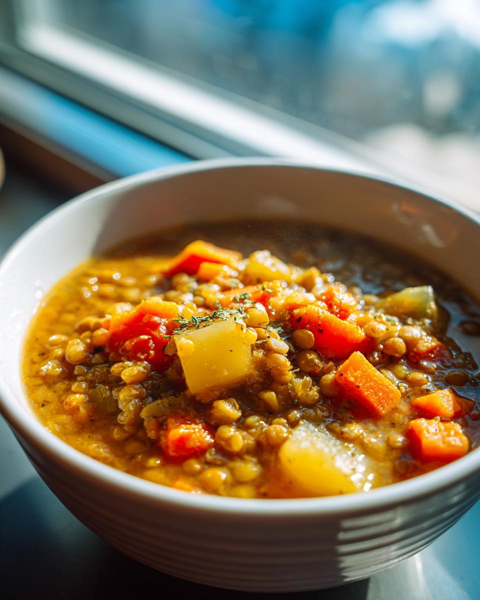 Close-up of a white bowl filled with Klassische Linsensuppe, featuring lentils, carrots, and potatoes.
