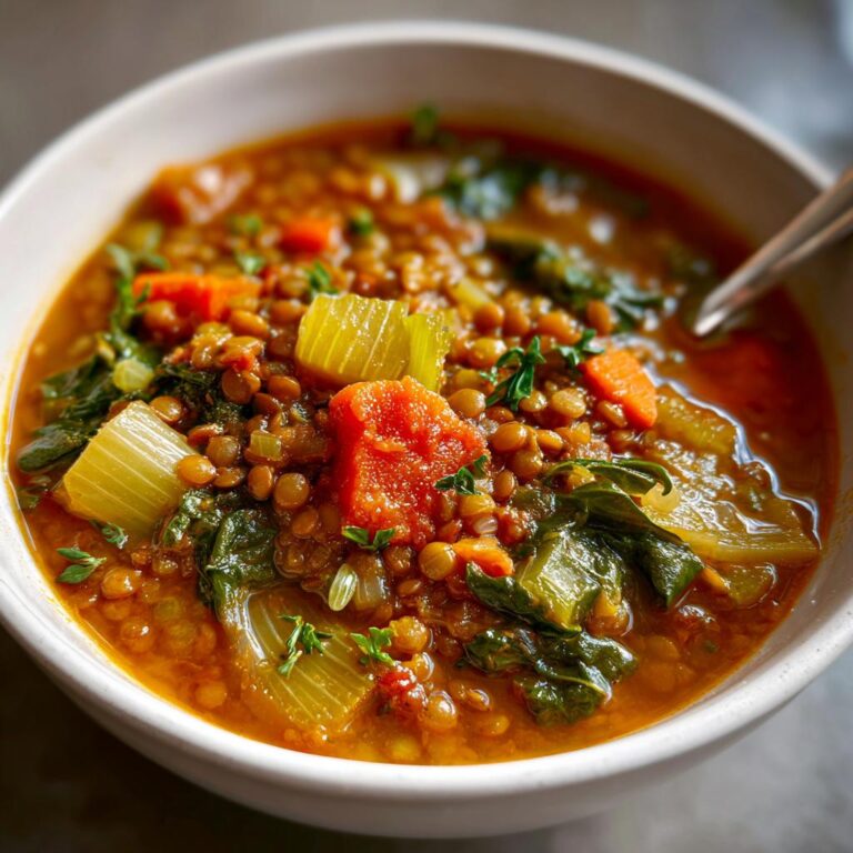A close-up of a bowl of Klassische Linsensuppe, featuring lentils, carrots, celery, and greens in a rich broth.