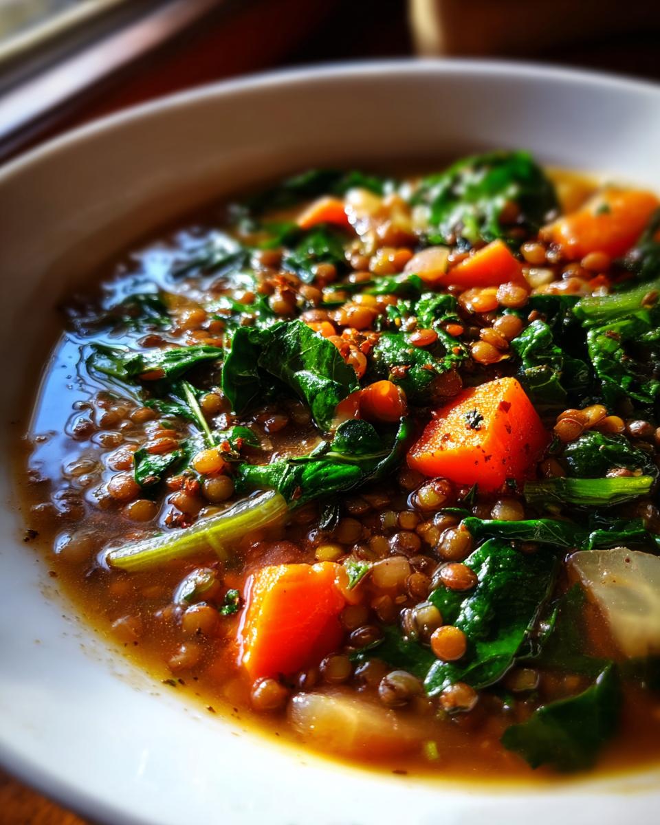 Close-up of a bowl of Klassische Linsensuppe, featuring lentils, carrots, and spinach in a rich broth.