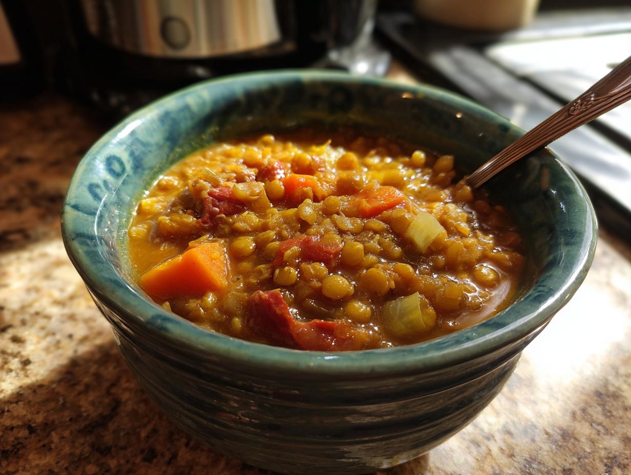 Eine Schüssel mit herzhafter Klassische Linsensuppe, gefüllt mit Linsen, Karotten und Speck.