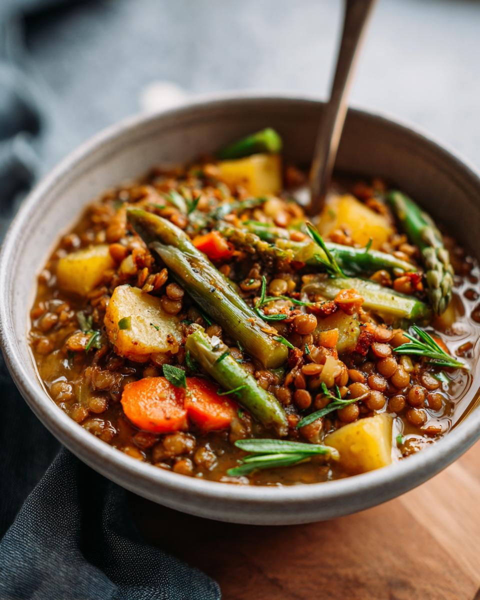 Eine Schüssel mit Klassischer Linsensuppe, gefüllt mit Linsen, Kartoffeln, Karotten und Spargel.