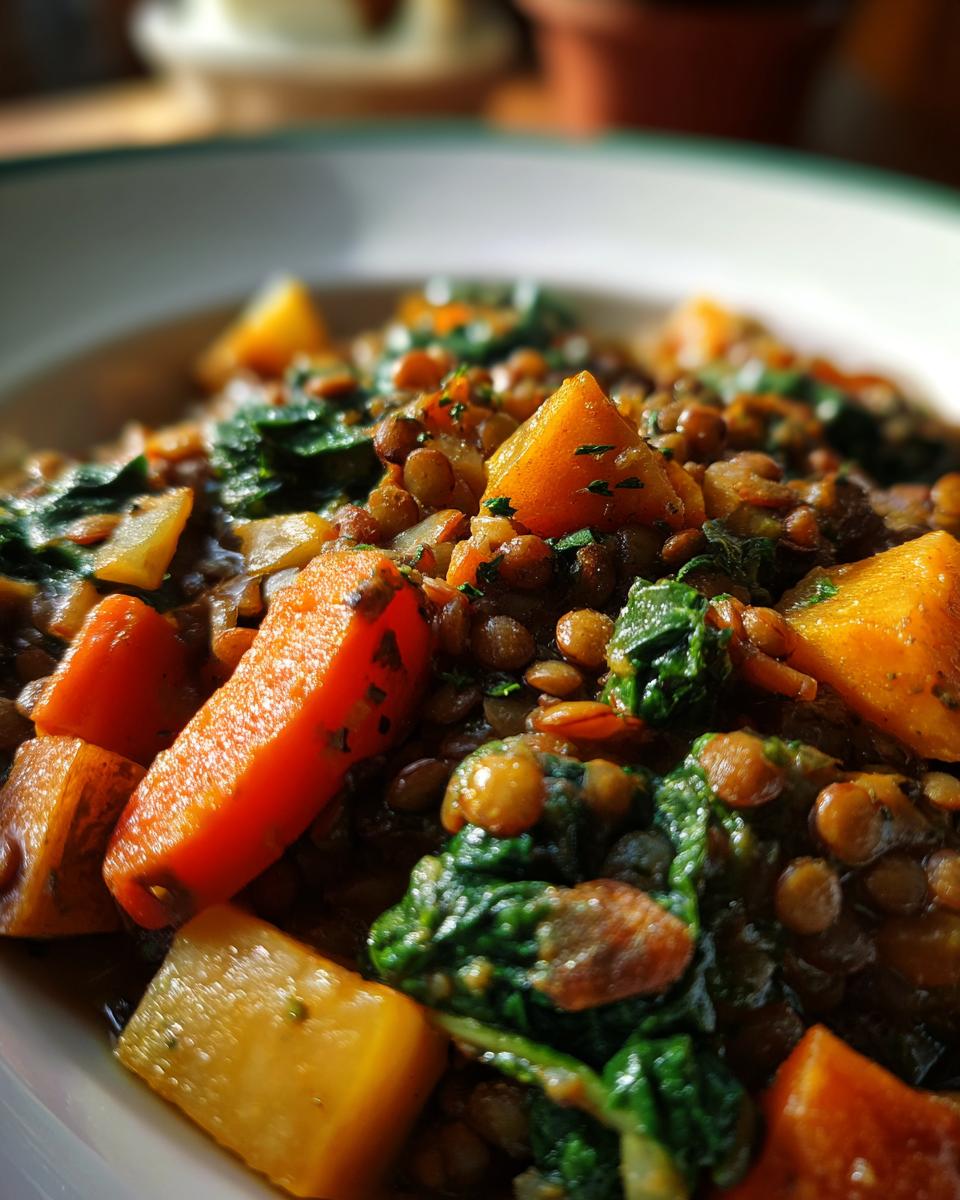 Nahaufnahme einer Schüssel mit Klassischer Linsensuppe, gefüllt mit Linsen, Karottenstücken und Grünkohl.