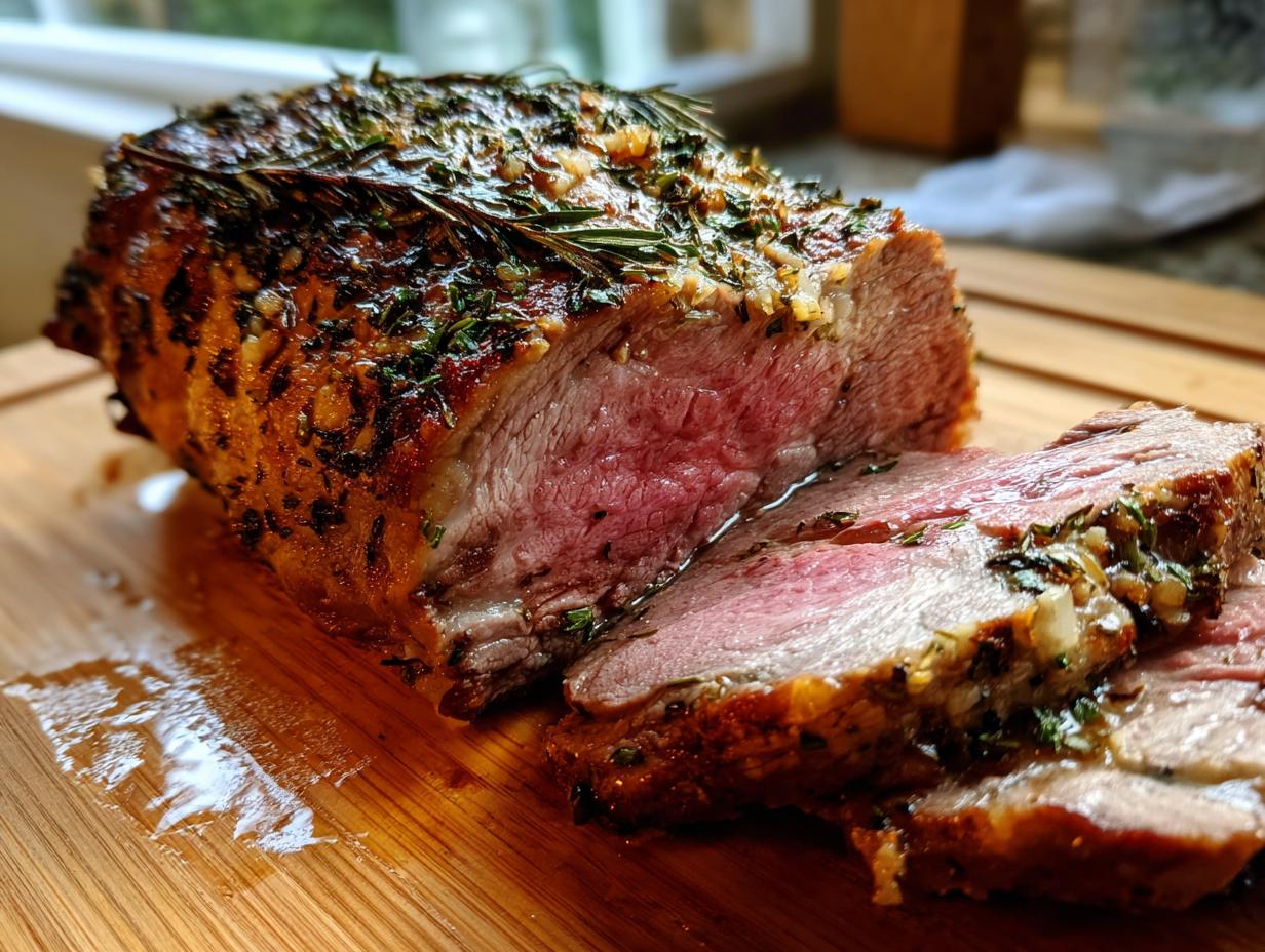 Ein saftiger Knoblauch Butter Kräuterbraten Rindfleisch, aufgeschnitten auf einem Holzbrett, mit Kräutern und Knoblauch bedeckt.