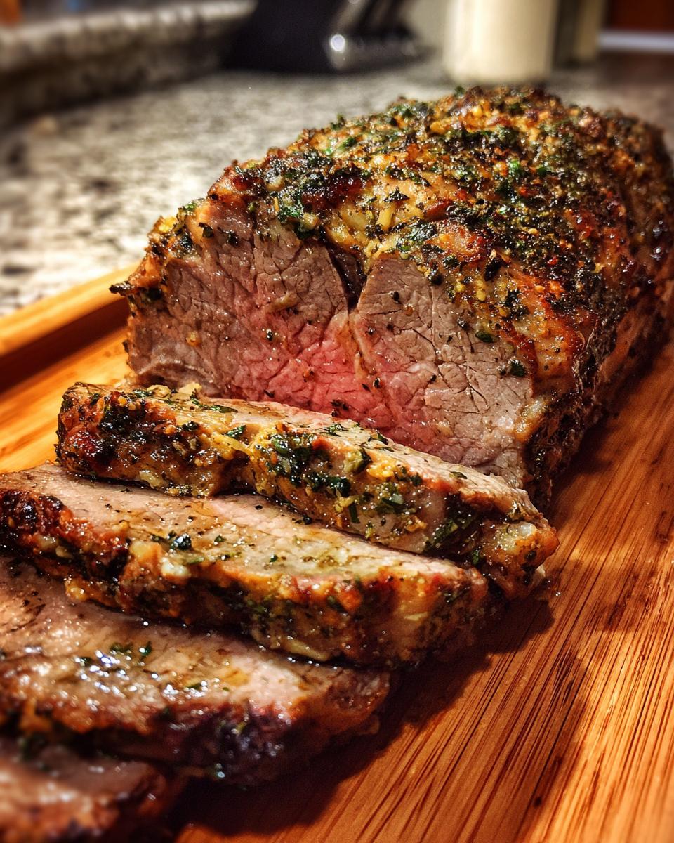 Saftige Scheiben von Knoblauch Butter Kräuterbraten Rindfleisch auf einem Holzbrett, perfekt gebraten.