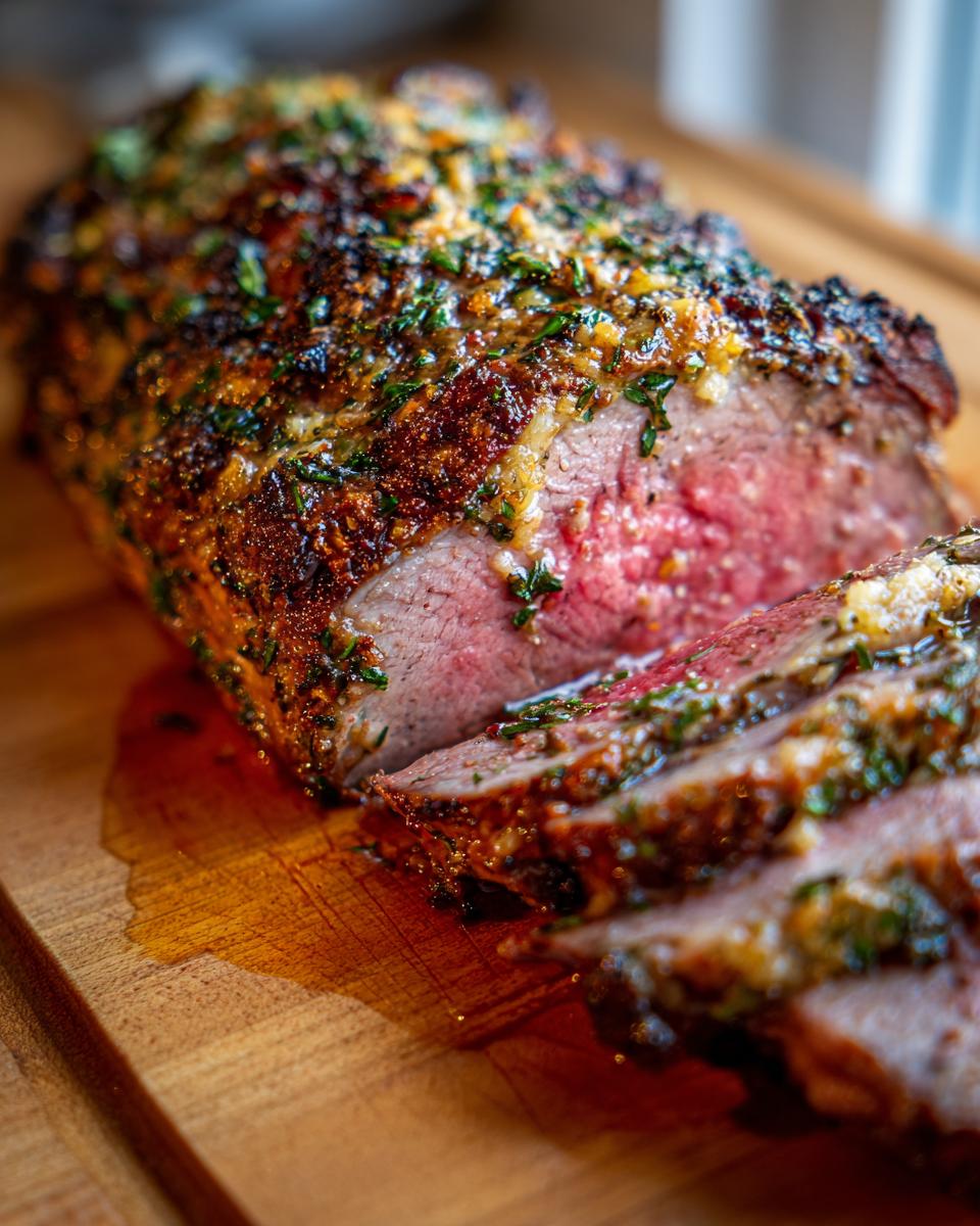 Ein aufgeschnittenes Knoblauch Butter Kräuterbraten Rindfleisch auf einem Holzbrett, saftig und mit Kräutern bestreut.